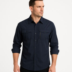 CJ BLACK Slim Fit Navy Button Up Shirt Long Sleeve Zipper Pockets Camo Large